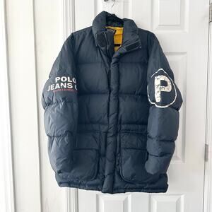 Polo Jeans Co. Ralph Lauren Vintage Y2K Navy Blue Puffer Jacket Yellow Lining M